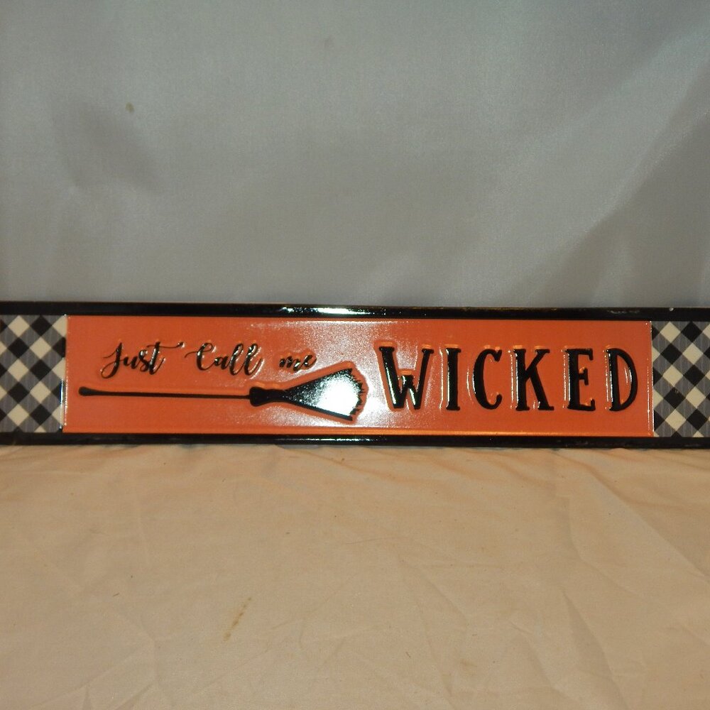 Embossed Halloween Witch Broom Sign - Americana Orange & Black Plaque